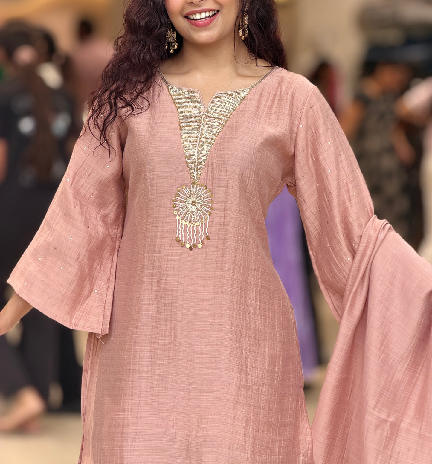 partywear 3 piece suit set with neck stone work embroidered