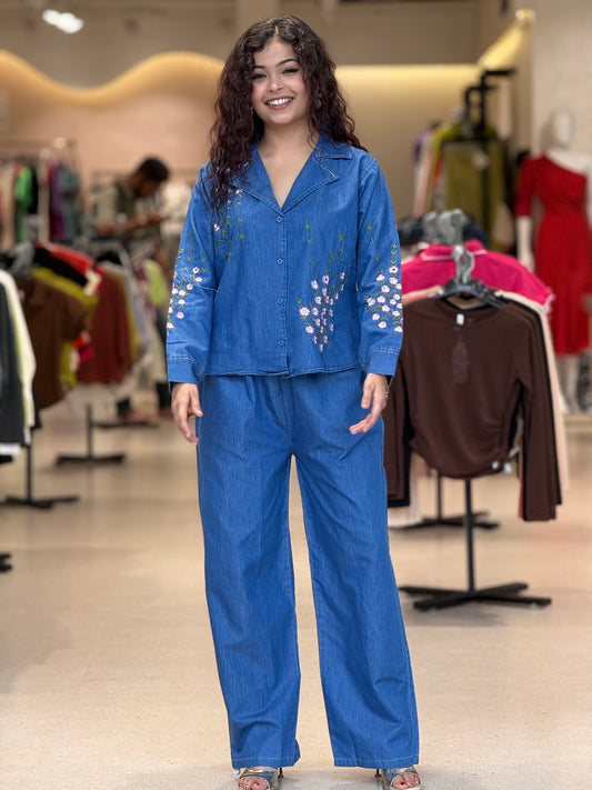 denim floral embroidered co-ord set