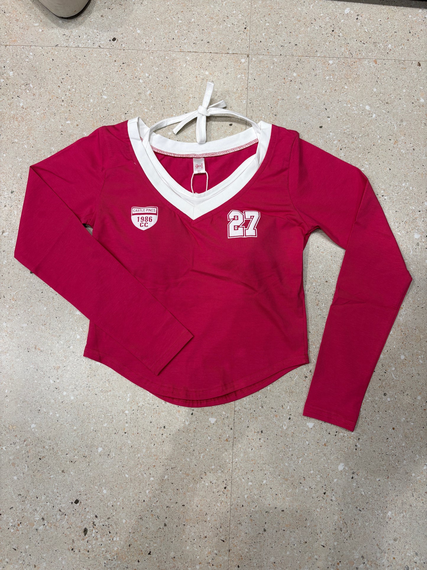 Tie-Up Padded Crop Top – Long Sleeve V-Neck Tee