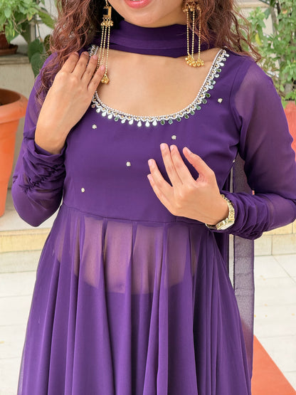 Royal Purple Georgette Anarkali Suit Set with Palazzo & Dupatta