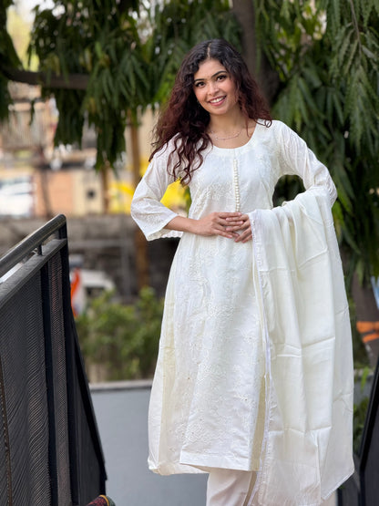 White Embroidered Cotton Kurta Set with Dupatta – Women’s Ethnic Wear