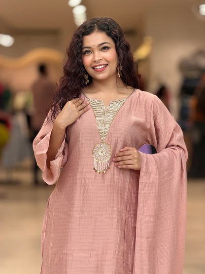 partywear 3 piece suit set with neck stone work embroidered