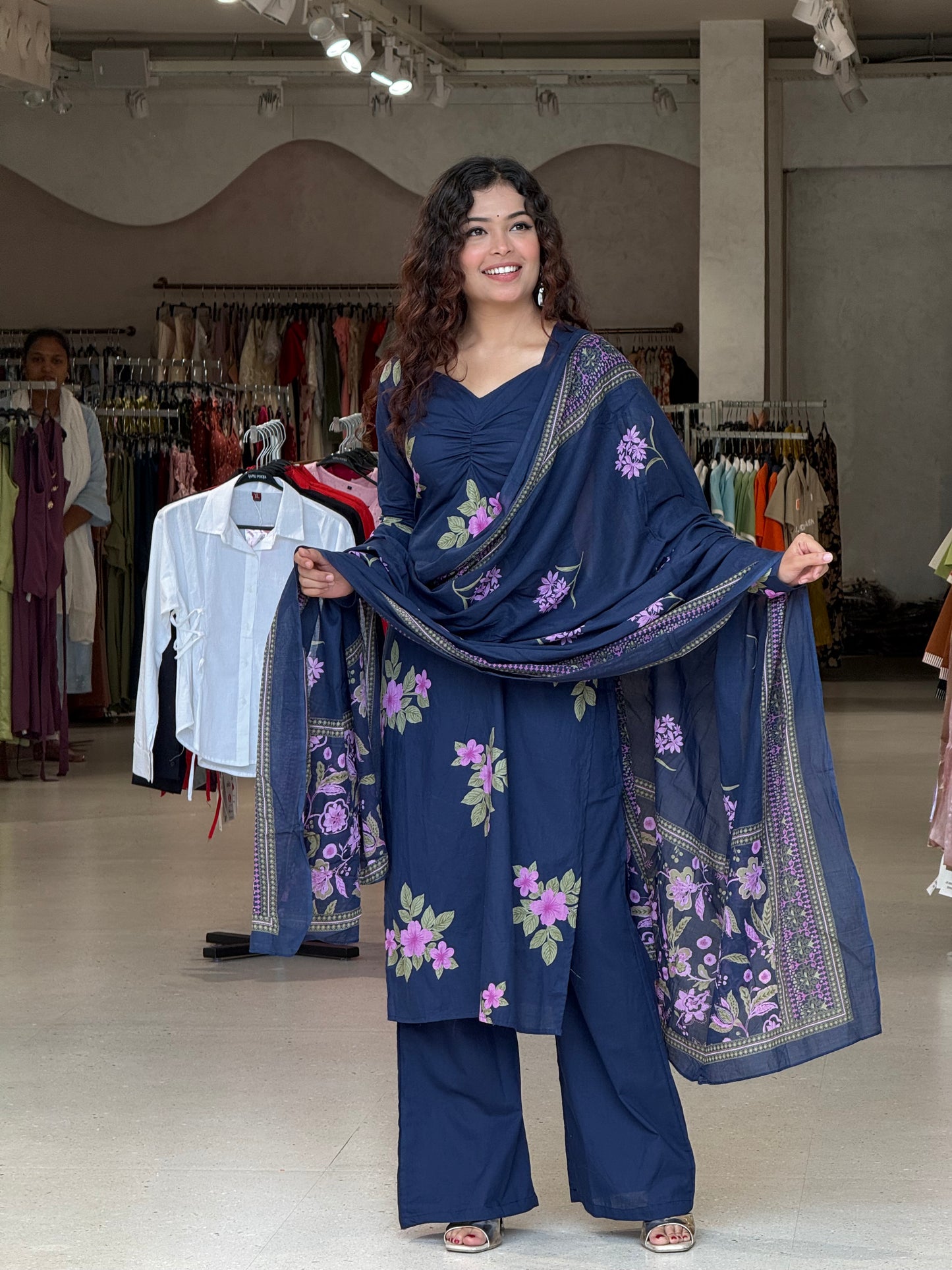 Royal blue Full sleeves 3 piece cotton suit set