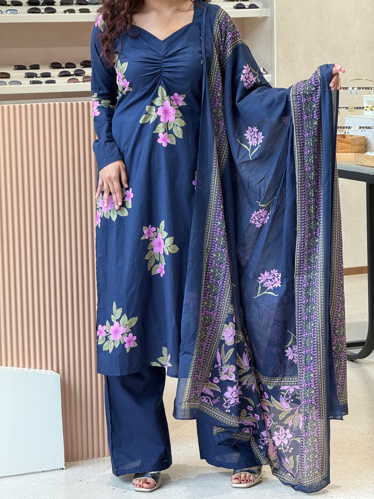Royal blue Full sleeves 3 piece cotton suit set