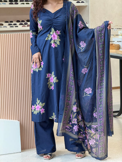 Royal blue Full sleeves 3 piece cotton suit set