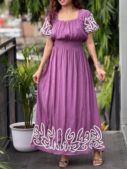Puff sleeve thread embroidered full length dress