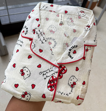 cute kitty print 3 piece night suit set