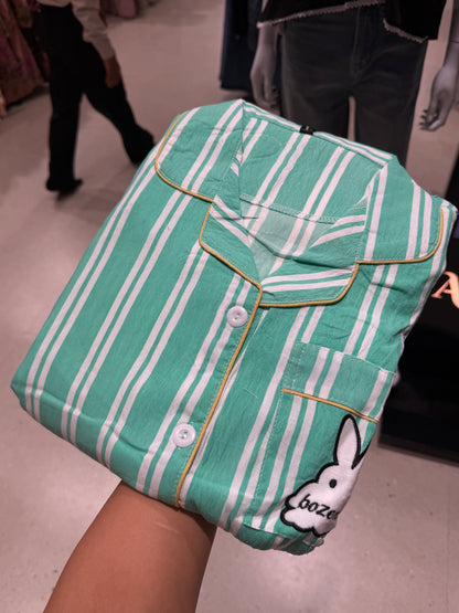 Rabit patch Green with white horizontal line 3 piece night suit set