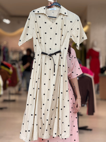 polka dot inbuilt belt one piece dress