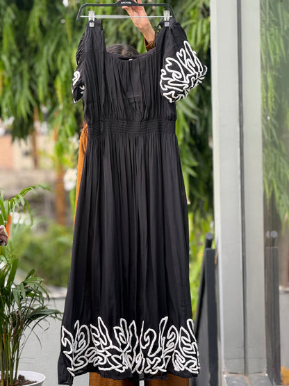 Puff sleeve thread embroidered full length dress