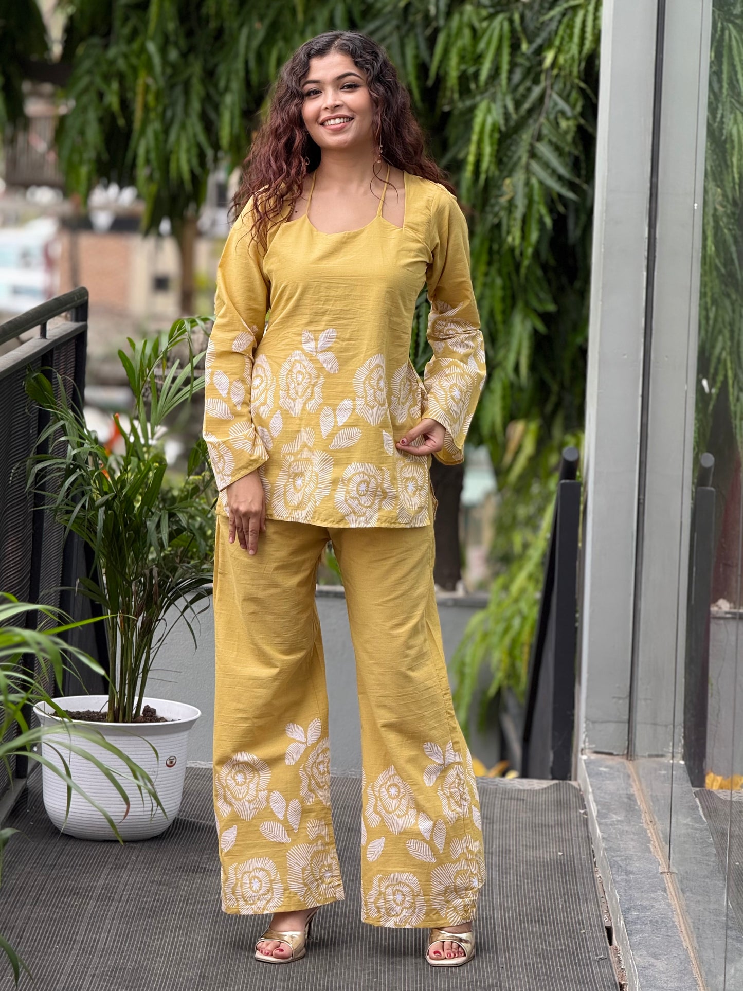 Mustard yellow Floral Printed Cotton Co-ord Set for Women