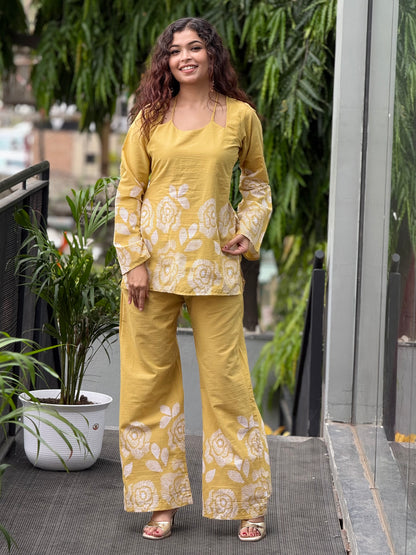 Mustard yellow Floral Printed Cotton Co-ord Set for Women