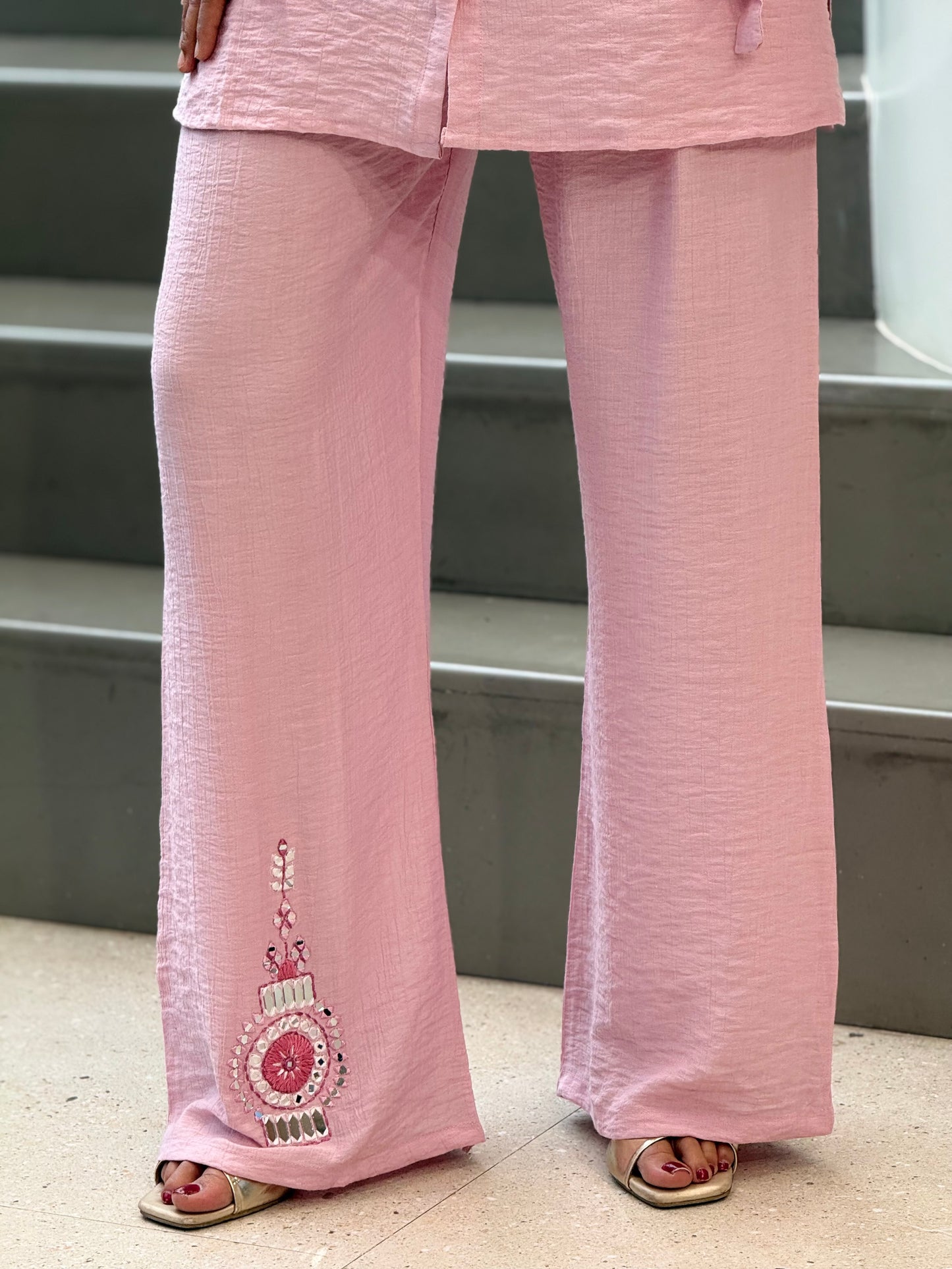 Powder Pink and blue Handwork Co-ord Kurta Set Three Piece