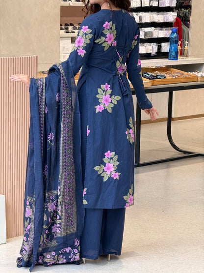 Royal blue Full sleeves 3 piece cotton suit set