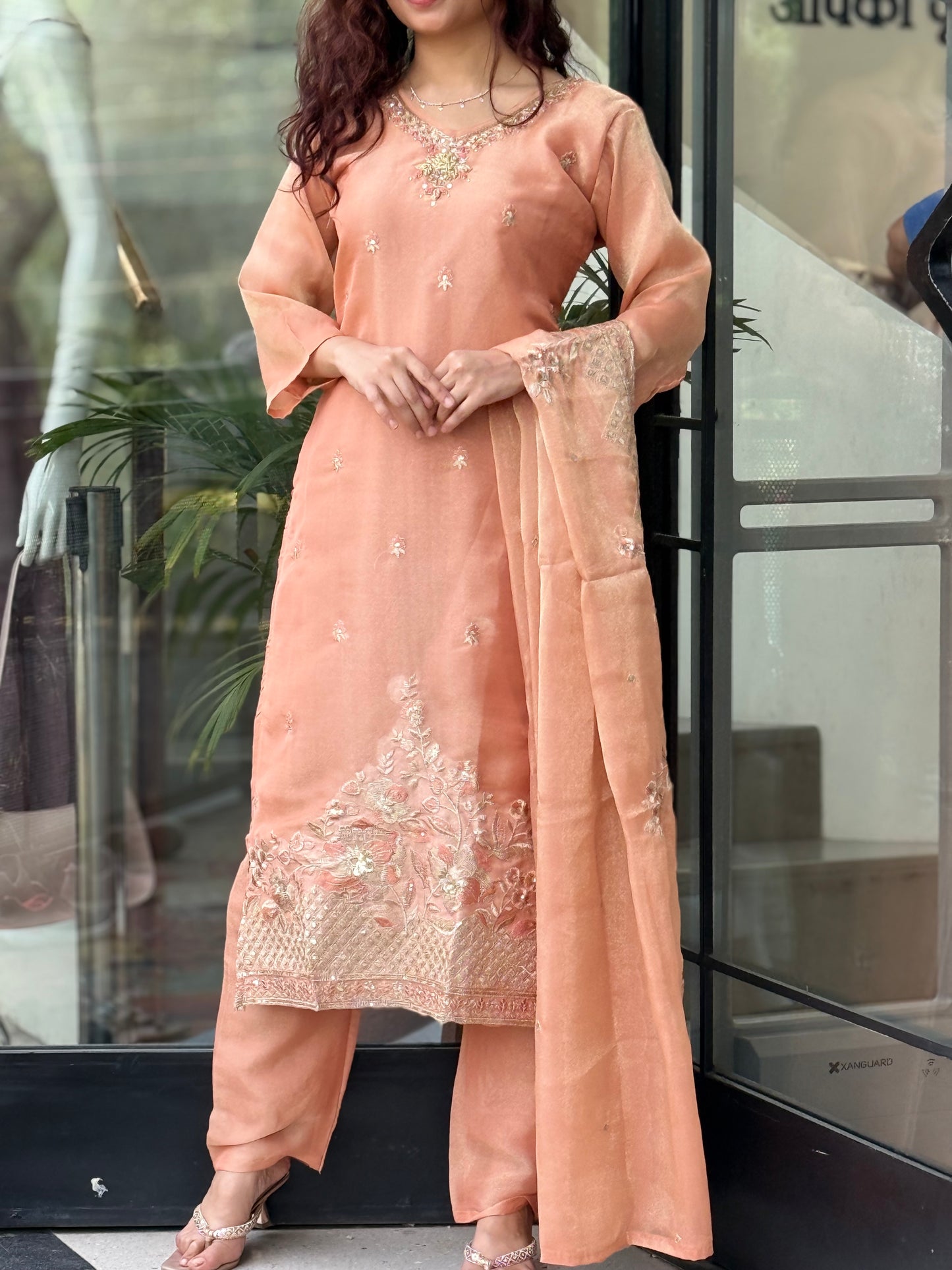Peach and green Embroidered Kurta Pant Set with Organza Dupatta – Women’s Festive Ethnic Wear