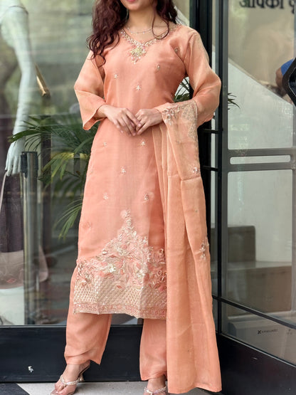 Peach and green Embroidered Kurta Pant Set with Organza Dupatta – Women’s Festive Ethnic Wear