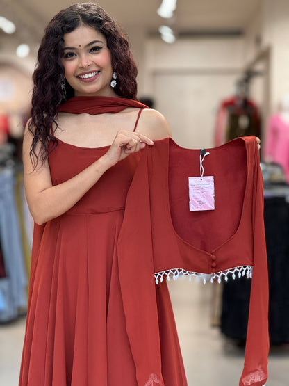 Rust Red Georgette four-Piece Ghera Suit Set