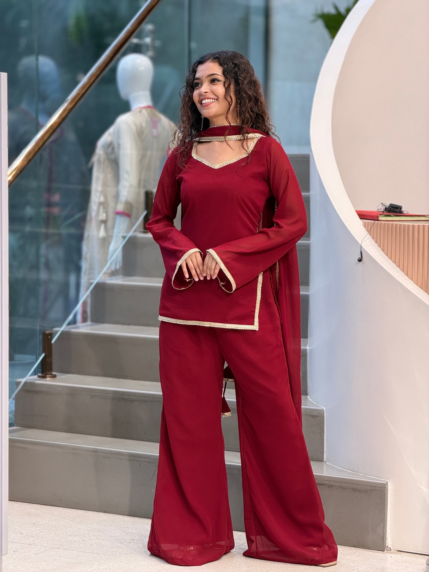 Maroon short kurti plazo 3 piece suit set