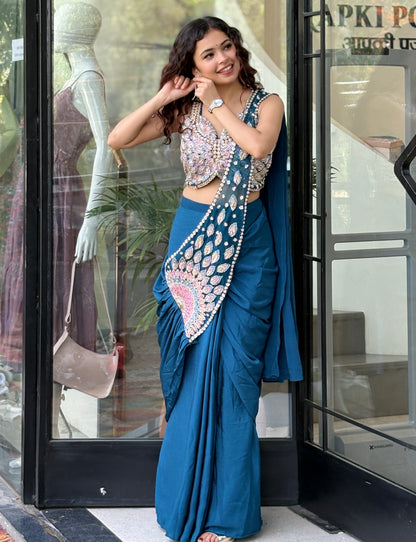 Ready-to-Wear Pre Draped Saree with Designer Embroidered Blouse