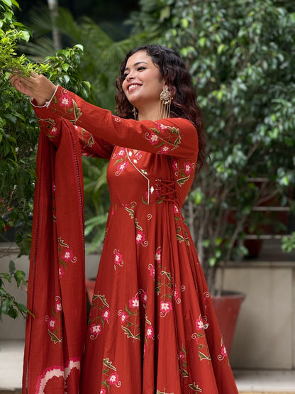 Rust Floral Printed Anarkali Kurta Set with Palazzo & Dupatta