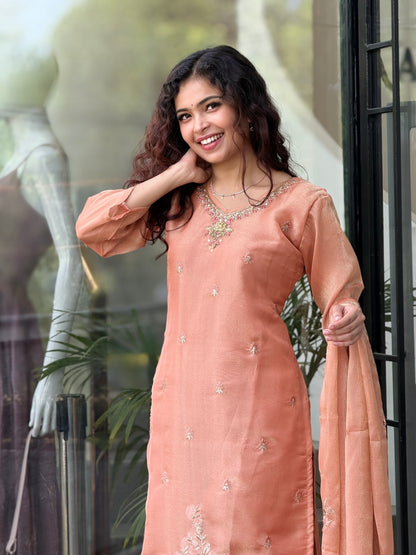 Peach and green Embroidered Kurta Pant Set with Organza Dupatta – Women’s Festive Ethnic Wear