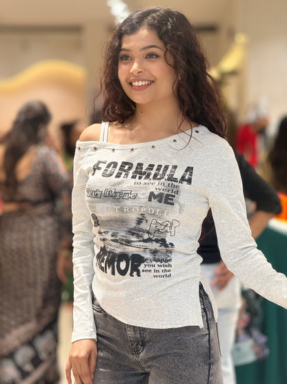 one side down shoulder full sleeve T-shirt