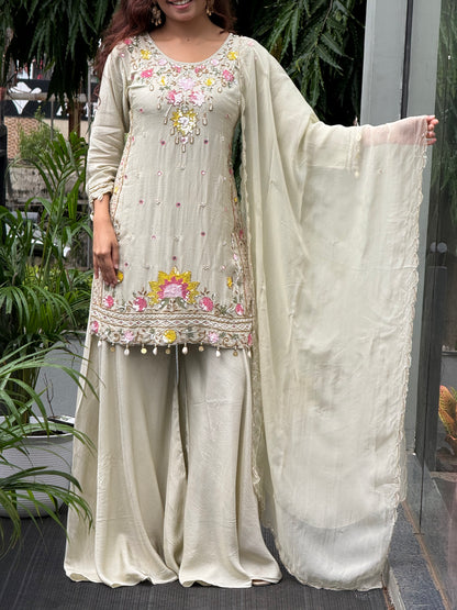 3 piece partywear suit set with neck stone work