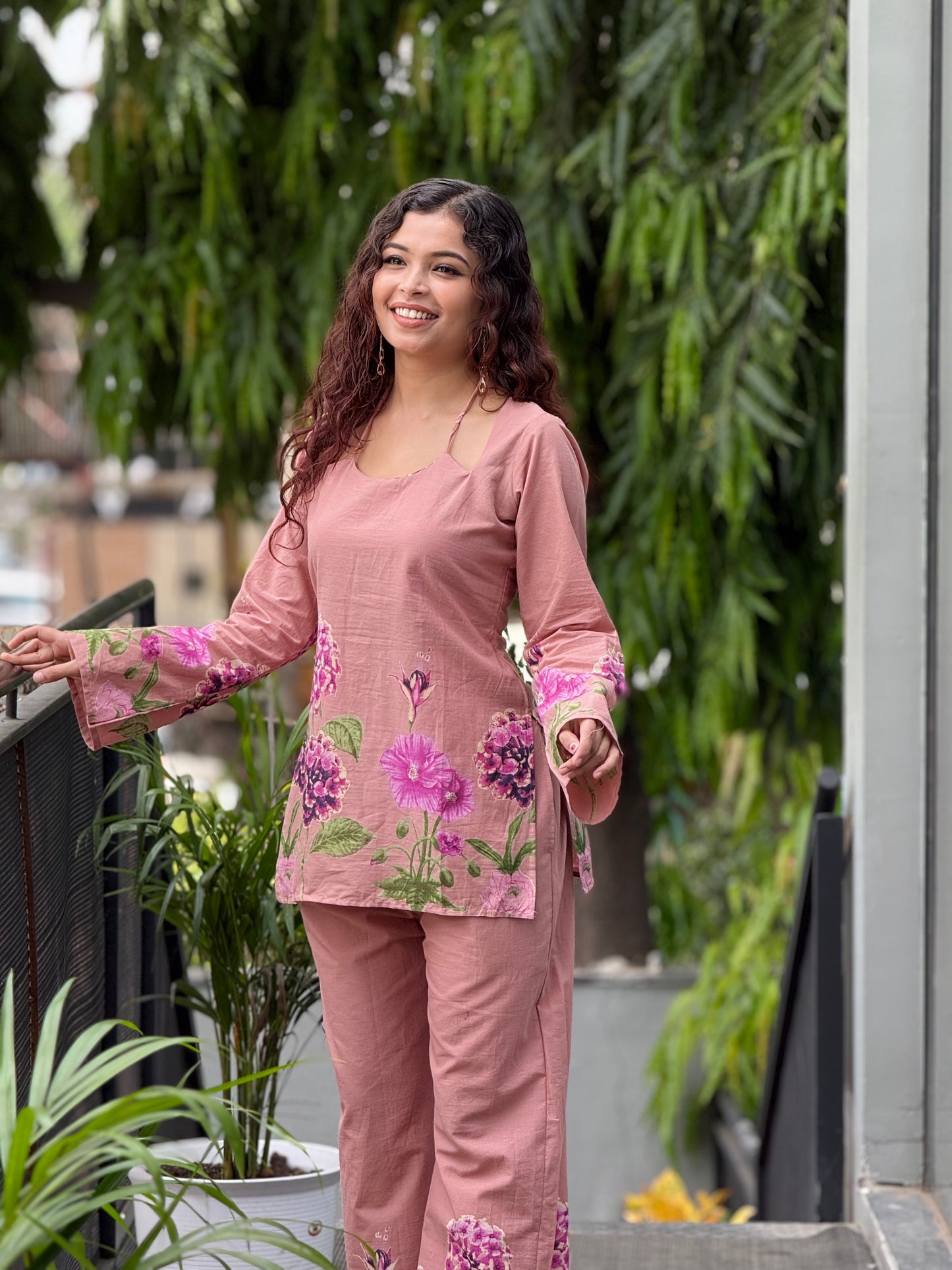 Peach Floral Printed Cotton Co-ord Set for Women