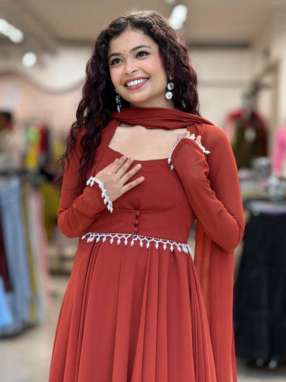 Rust Red Georgette four-Piece Ghera Suit Set