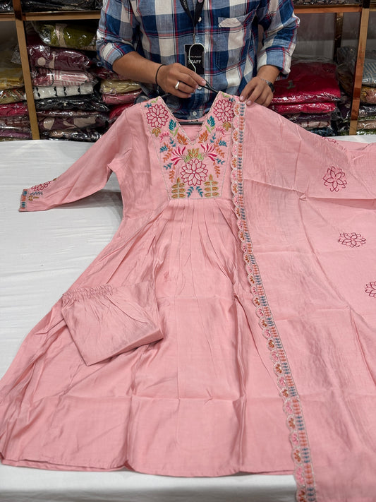 Three piece neckline embroidered suit