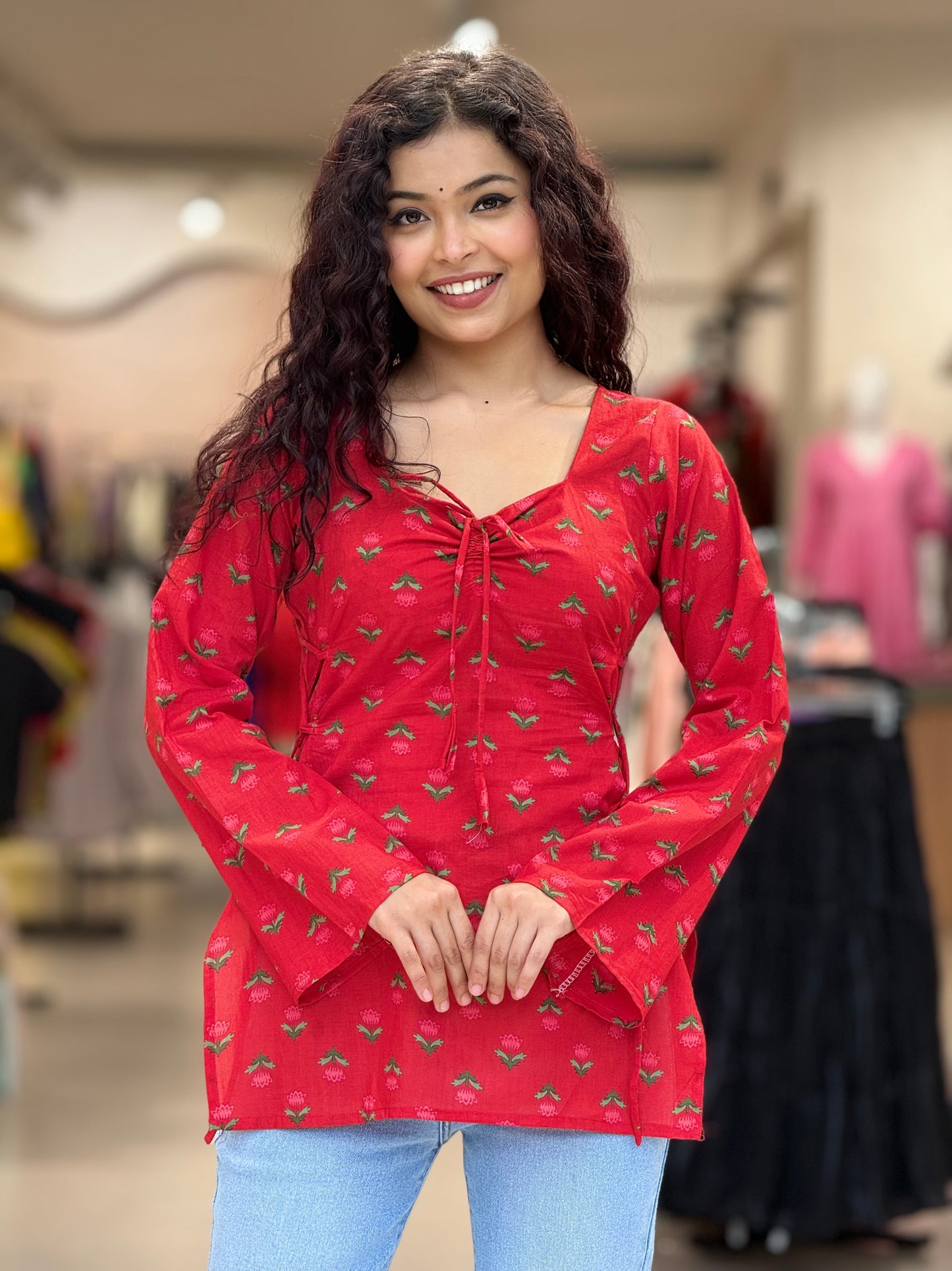 Red short kurti with front and side dori