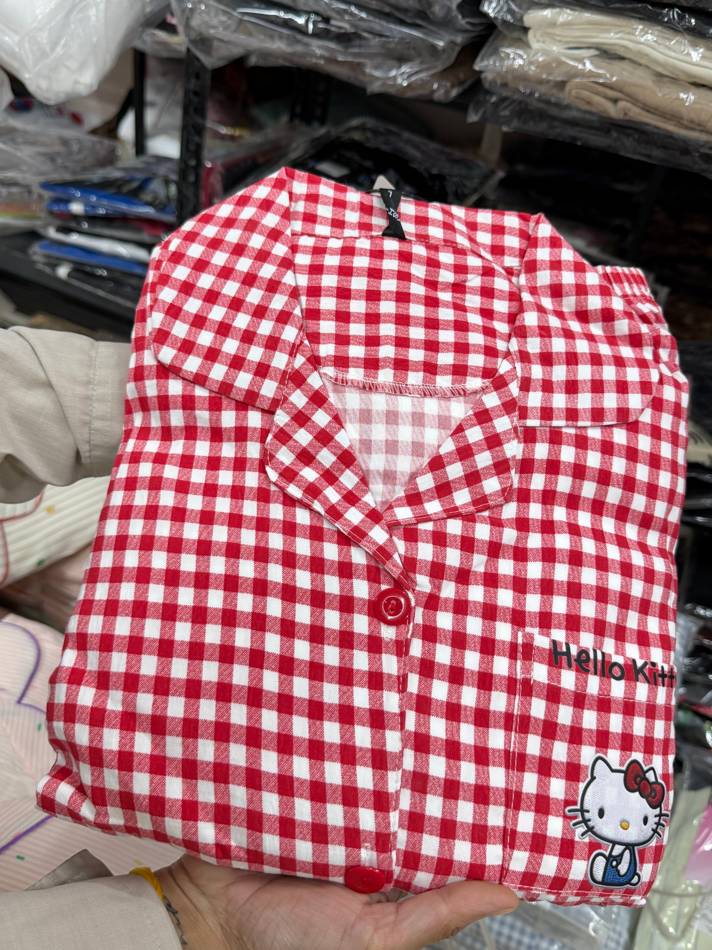 Red checks hello kitty 3 piece night dress