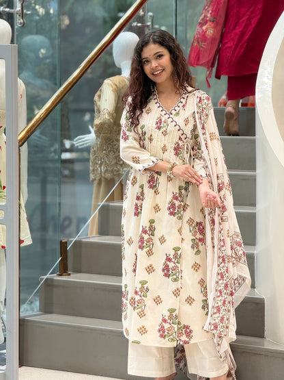 Ivory Floral Printed CottonSuit Set