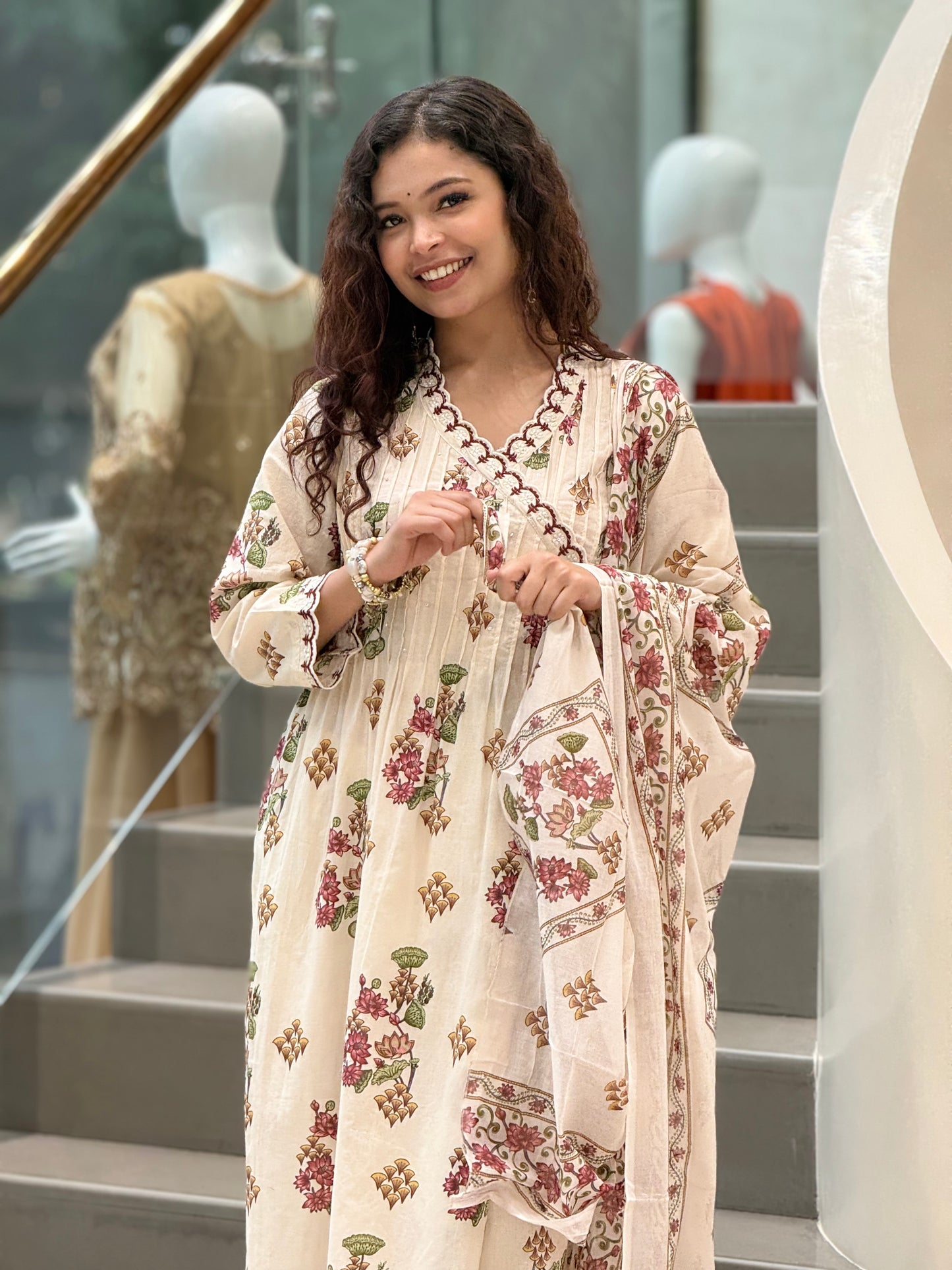 Ivory Floral Printed CottonSuit Set