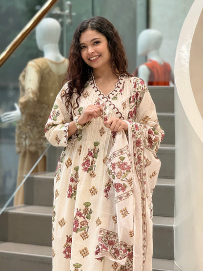 Ivory Floral Printed CottonSuit Set