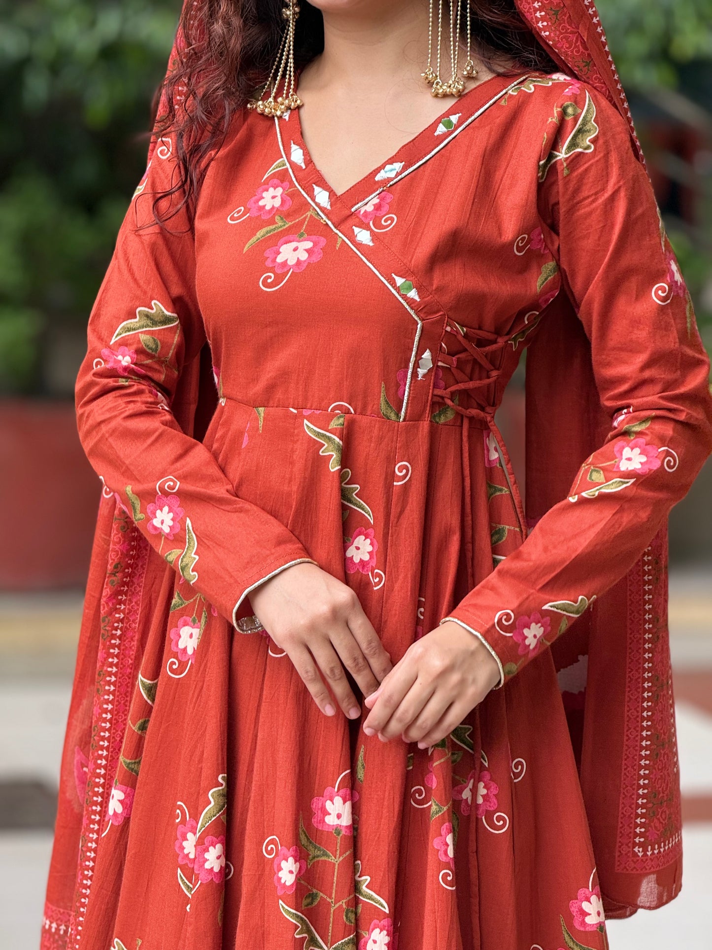 Rust Floral Printed Anarkali Kurta Set with Palazzo & Dupatta