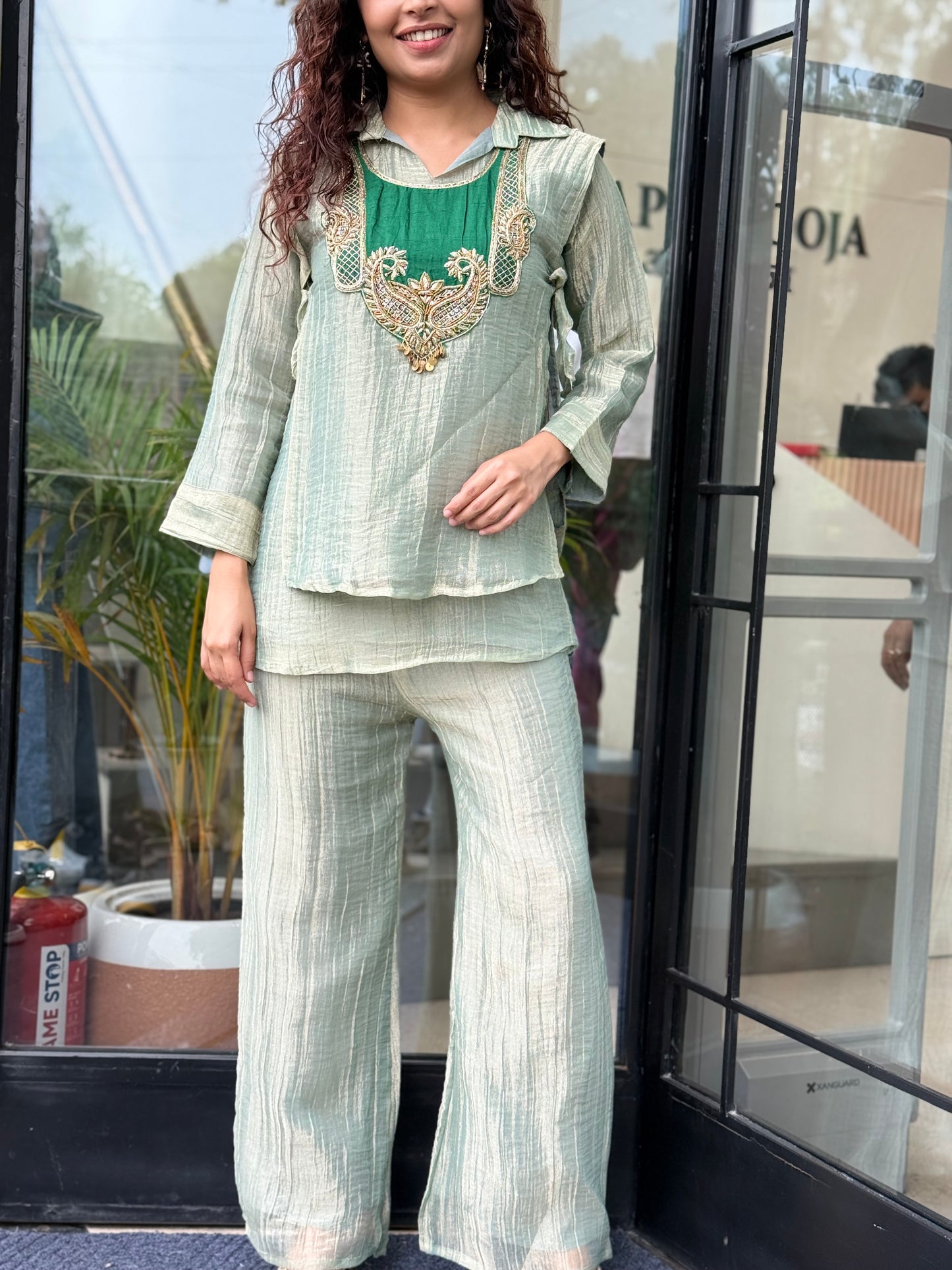 3 piece partywear co-ord set with stone patch work