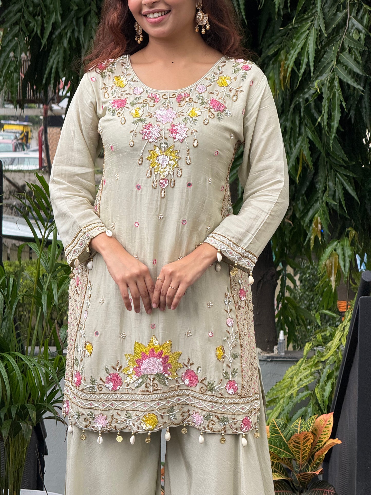 3 piece partywear suit set with neck stone work