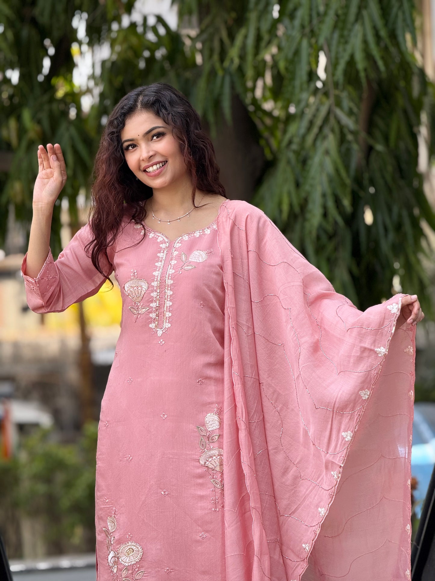 Blush Pink Embroidered Kurta Pant Set with Dupatta – Women’s Ethnic Wear