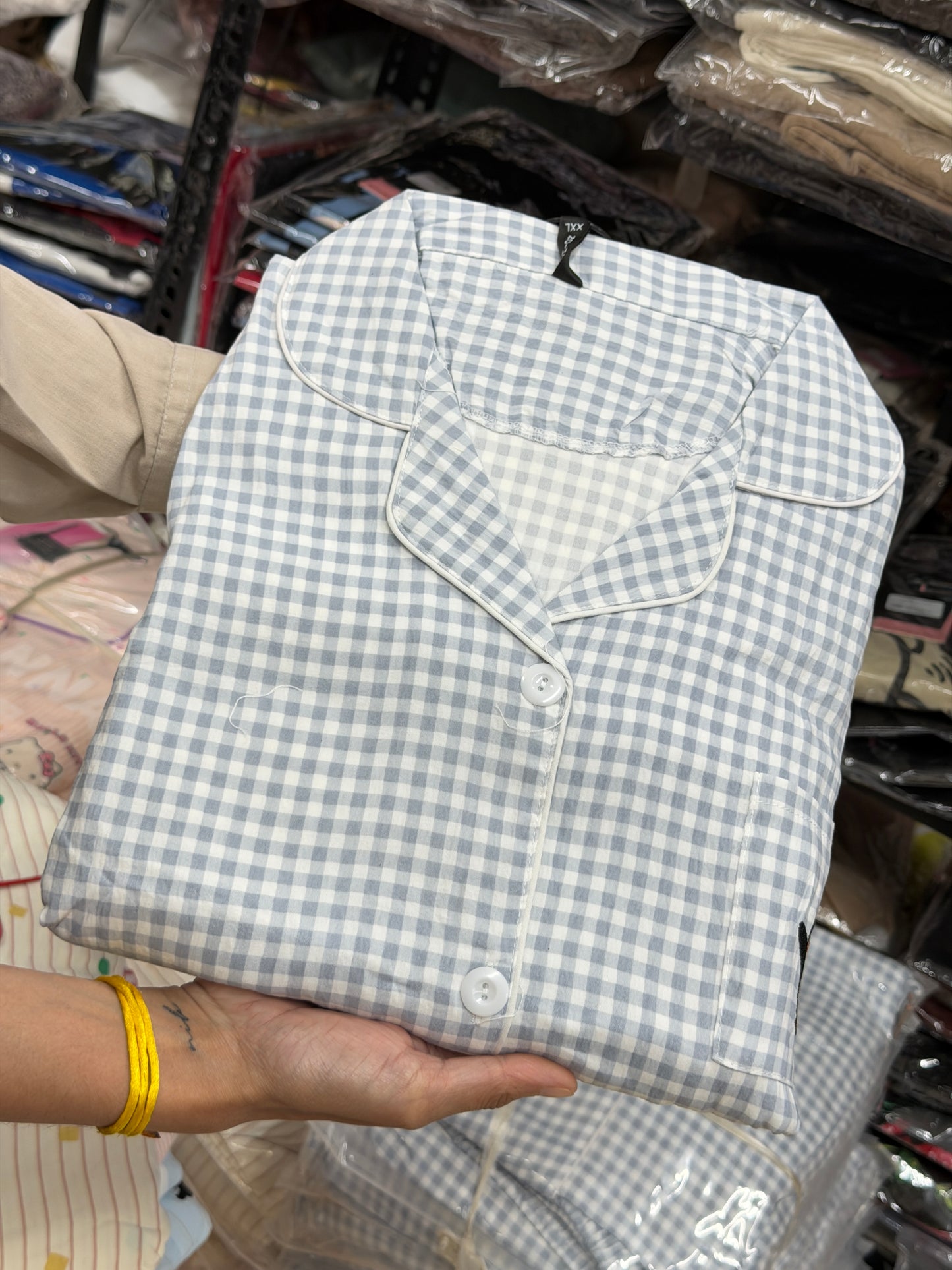 grey checks with penguin print 3 piece night dress
