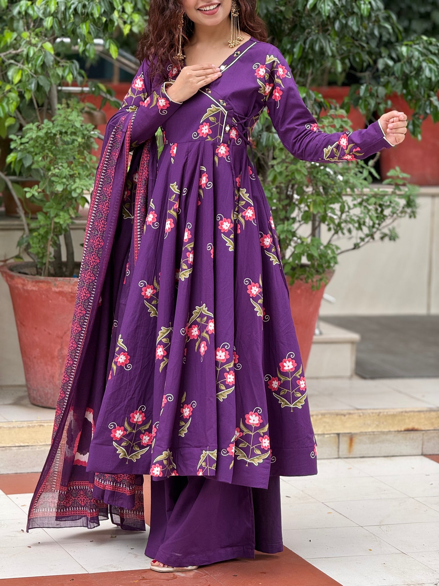 Purple Printed Anarkali Kurta Set with Palazzo & Dupatta