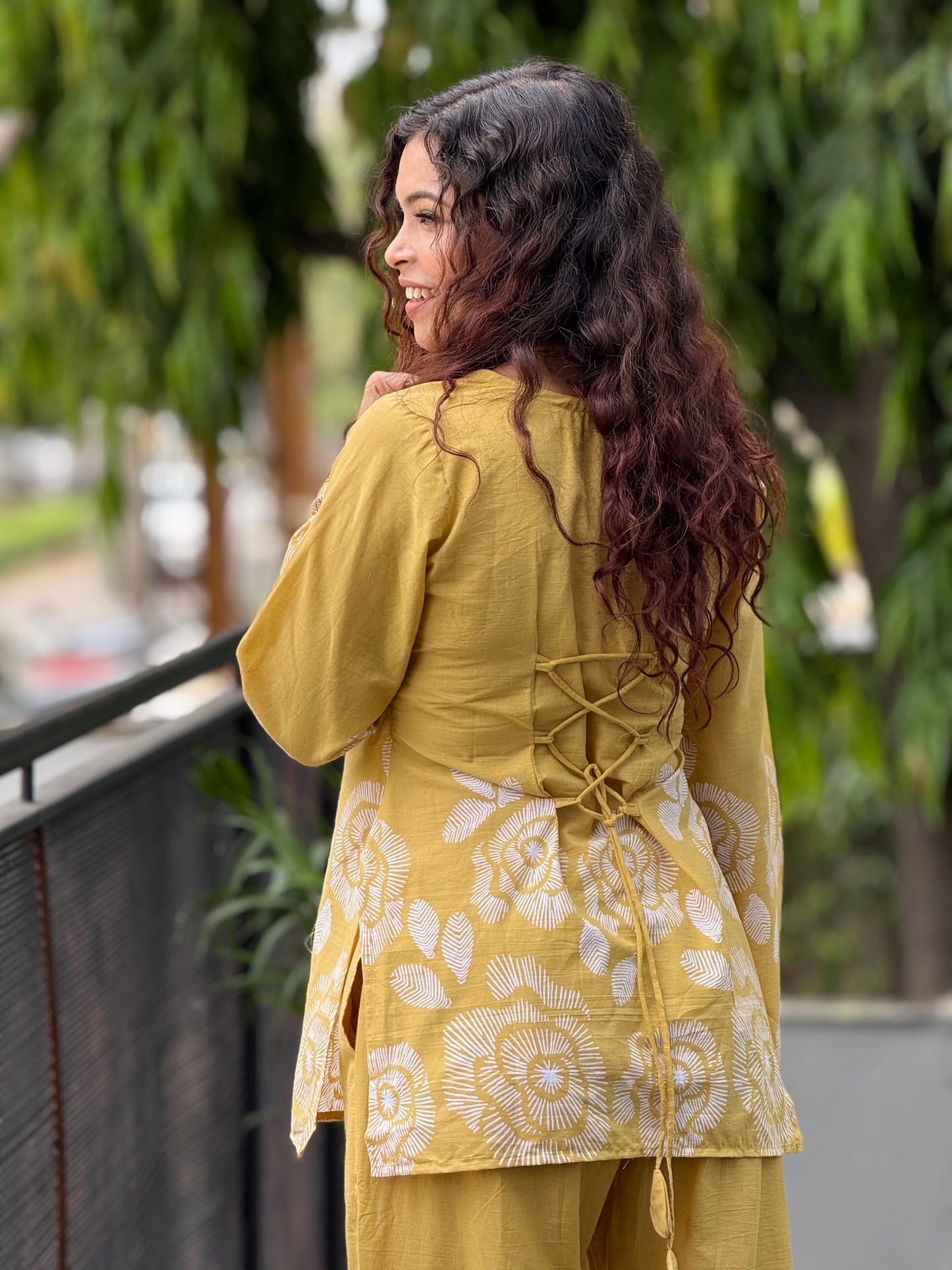 Mustard yellow Floral Printed Cotton Co-ord Set for Women