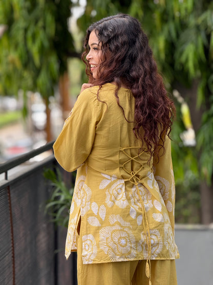 Mustard yellow Floral Printed Cotton Co-ord Set for Women