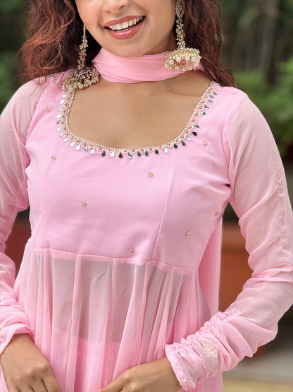 Blush Pink Georgette Anarkali Suit Set with Palazzo & Dupatta