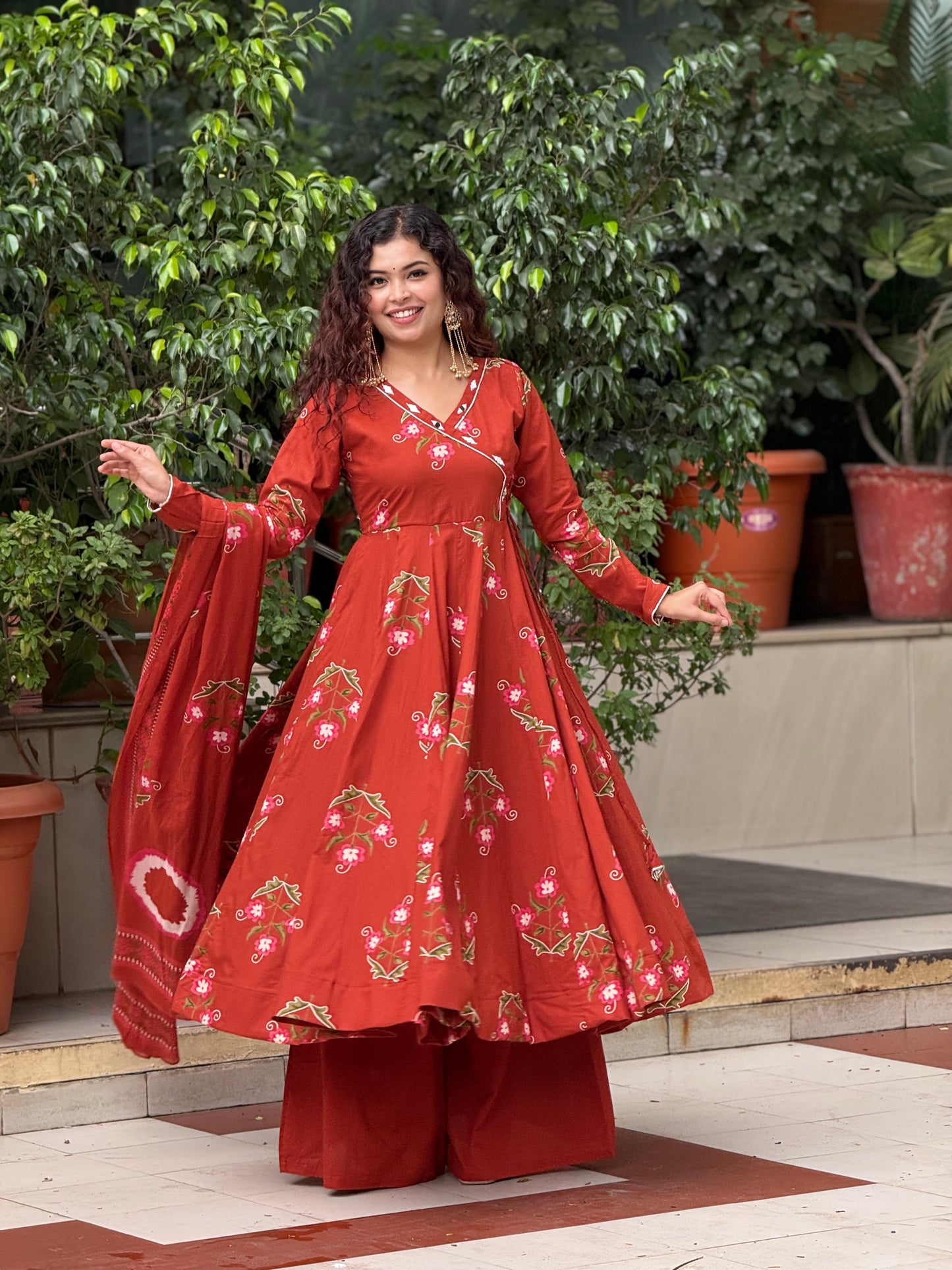 Rust Floral Printed Anarkali Kurta Set with Palazzo & Dupatta