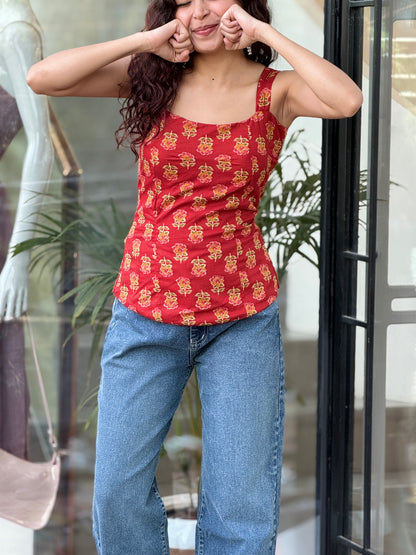 Printed Cotton Padded Backless Top with Lace-Up Back