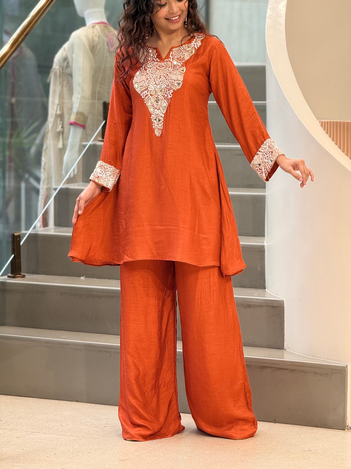 Rust Orange handwork kurta  Palazzo Set