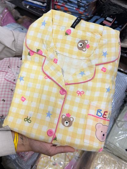 yellow bow stars and bear print 3 piece night dress