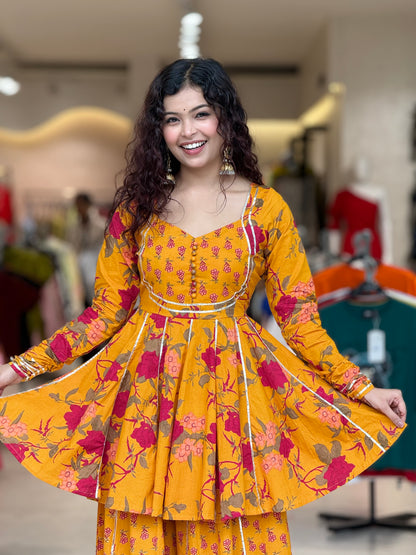 mustard yellow peplum crop top and gher plazo with dupatta suit set