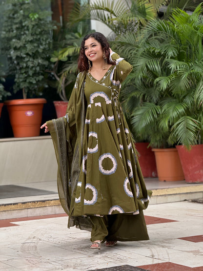 Olive Green Printed Anarkali Kurta Set with Palazzo & Dupatta